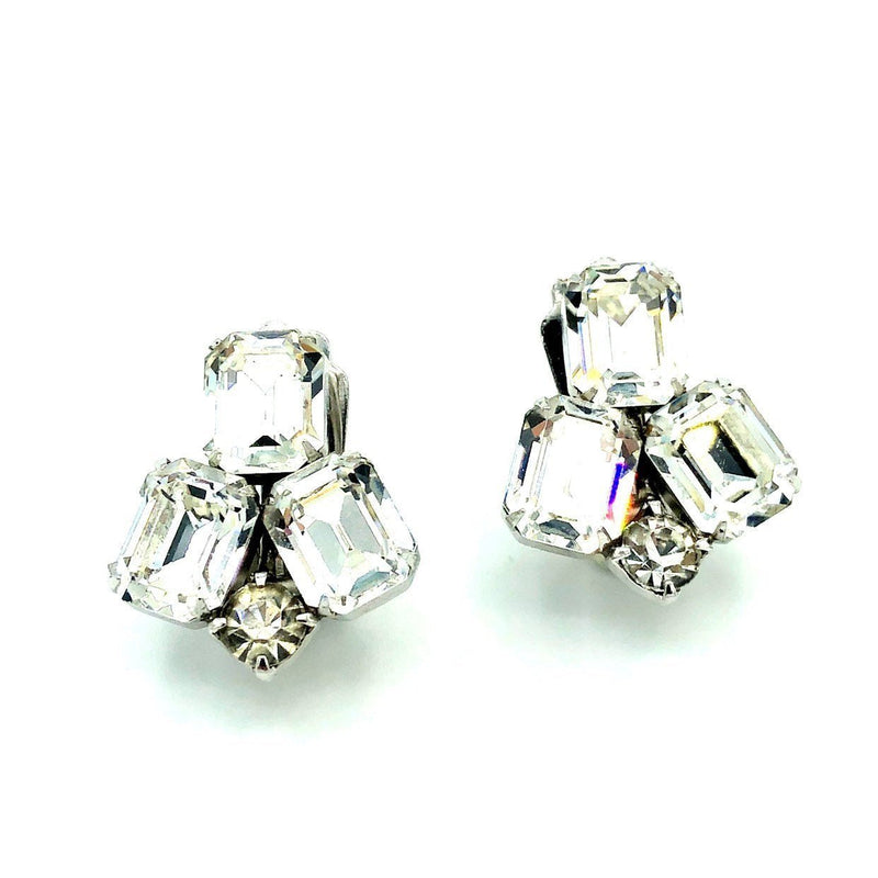 Weiss Clear Rhinestone Cluster Vintage Clip - on Earrings - 24 Wishes Vintage Jewelry