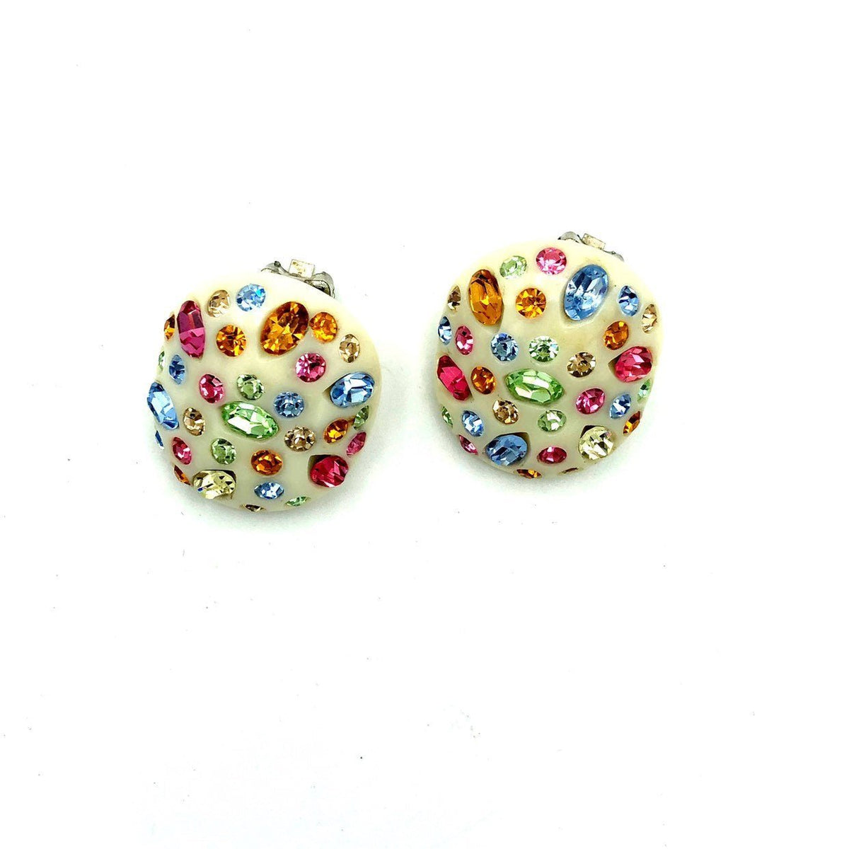 Weiss White Thermoset & Multi - Color Rhinestone Round Vintage Earrings - 24 Wishes Vintage Jewelry