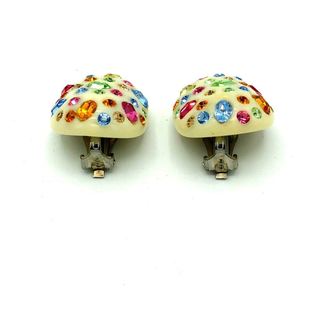 Weiss White Thermoset & Multi - Color Rhinestone Round Vintage Earrings - 24 Wishes Vintage Jewelry
