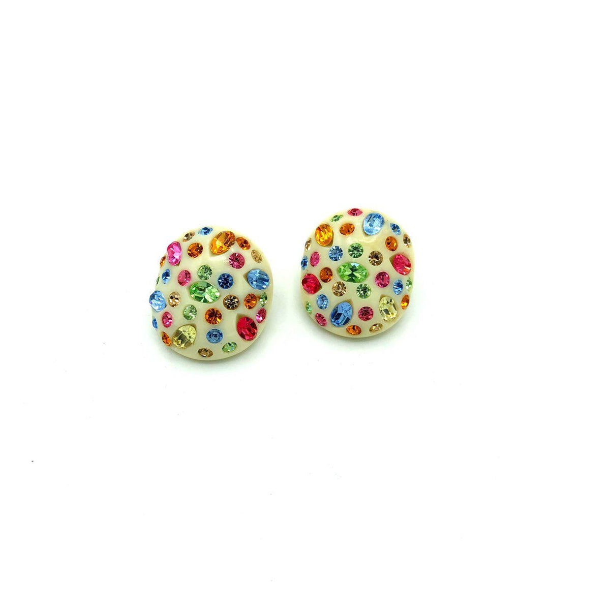 Weiss White Thermoset & Multi - Color Rhinestone Round Vintage Earrings - 24 Wishes Vintage Jewelry