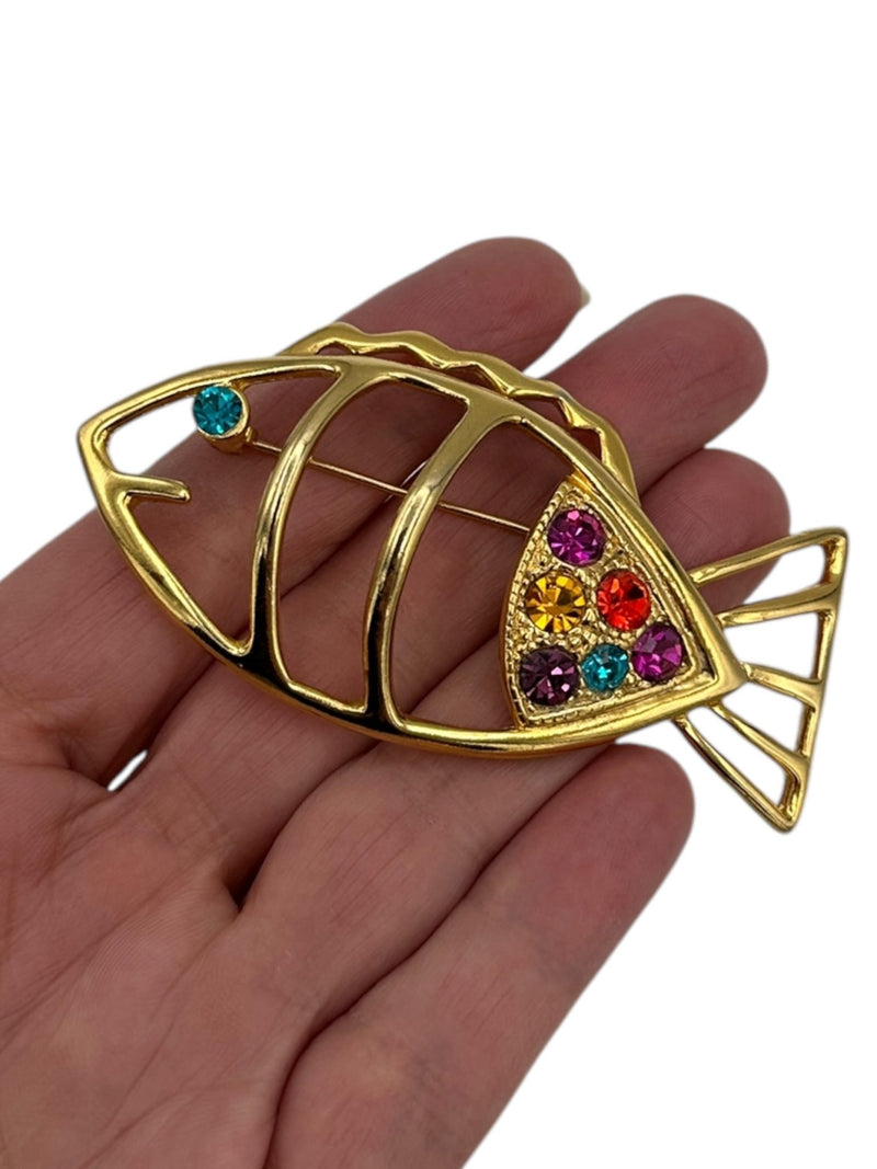 Whimsical Shiny Gold Fish Colorful Rhinestone Brooch - 24 Wishes Vintage Jewelry