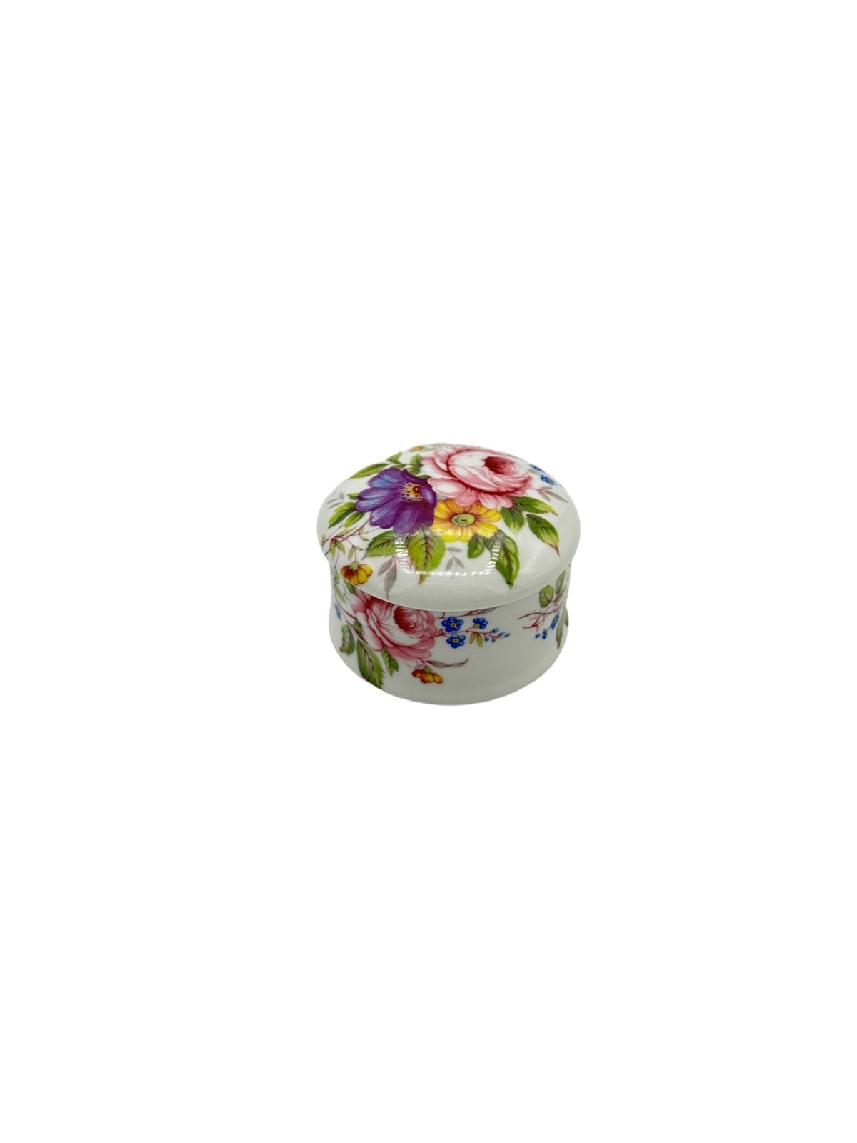 White Bone China Round Floral Trinket Box Made in England - 24 Wishes Vintage Jewelry