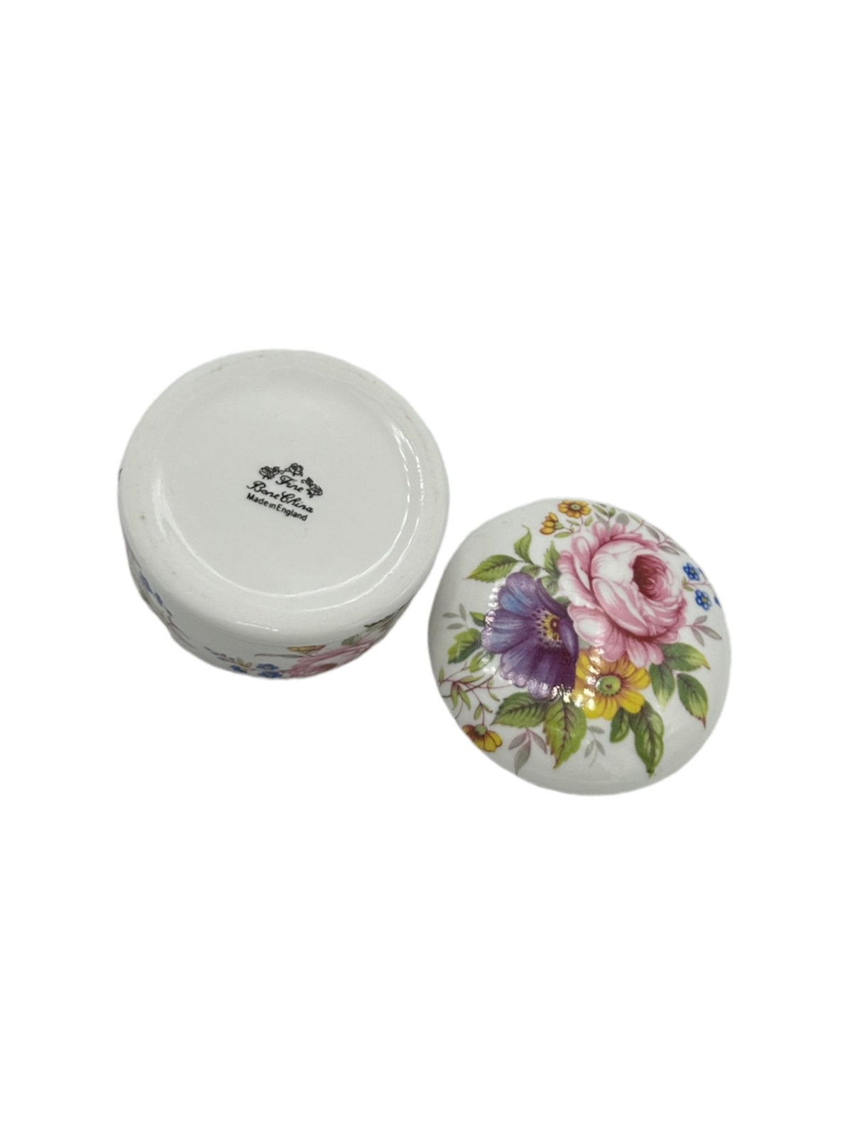 White Bone China Round Floral Trinket Box Made in England - 24 Wishes Vintage Jewelry