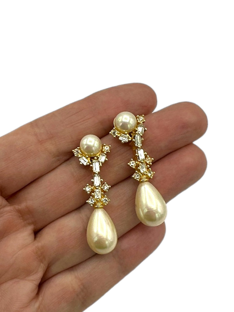 White Pearlized & Rhinestone Dangle Pierced Earrings - 24 Wishes Vintage Jewelry