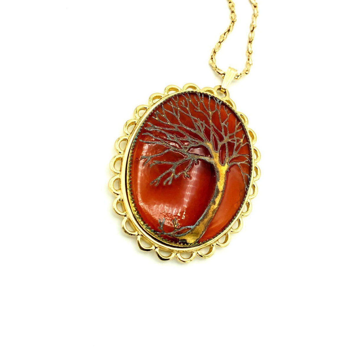 Whiting & Davis Boho Tree Cameo Vintage Gold Pendant - 24 Wishes Vintage Jewelry