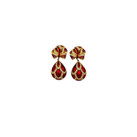 Whiting & Davis vintage red enamel bow and teardrop rhinestone dangle clip-on earrings, gold-tone statement jewelry on white background.