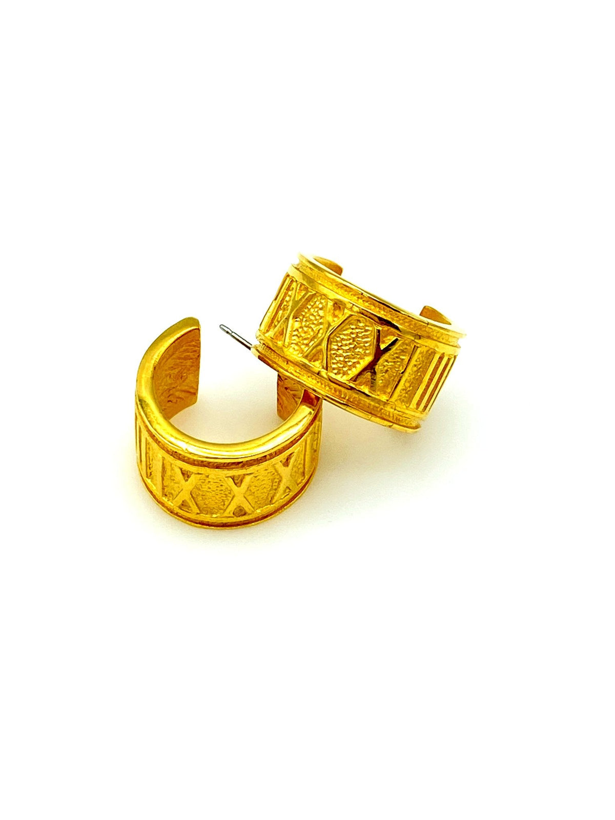 Wide Roman Numeral Hoop Gold Pierced Vintage Earrings - 24 Wishes Vintage Jewelry