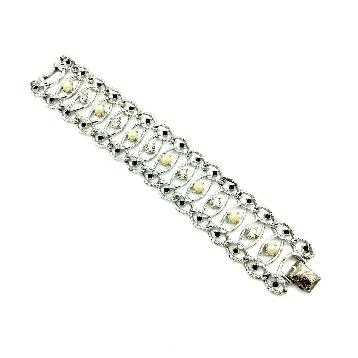 Wide Silver Emmons Chain Link Pearl Rhinestone Bracelet - 24 Wishes Vintage Jewelry