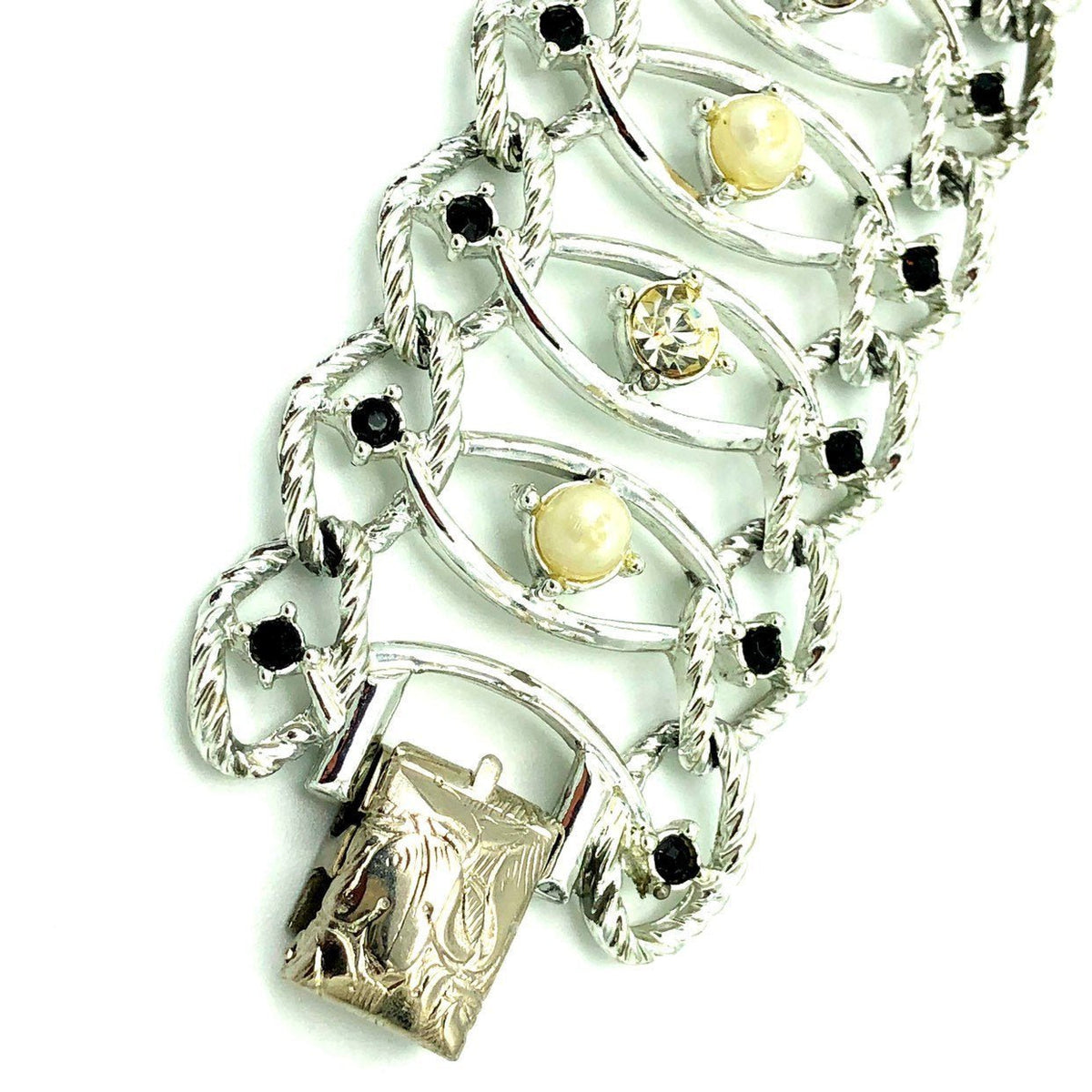 Wide Silver Emmons Chain Link Pearl Rhinestone Bracelet - 24 Wishes Vintage Jewelry