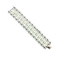 Wide Silver Emmons Chain Link Pearl Rhinestone Bracelet - 24 Wishes Vintage Jewelry