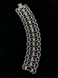 Wide Silver Emmons Chain Link Pearl Rhinestone Bracelet - 24 Wishes Vintage Jewelry