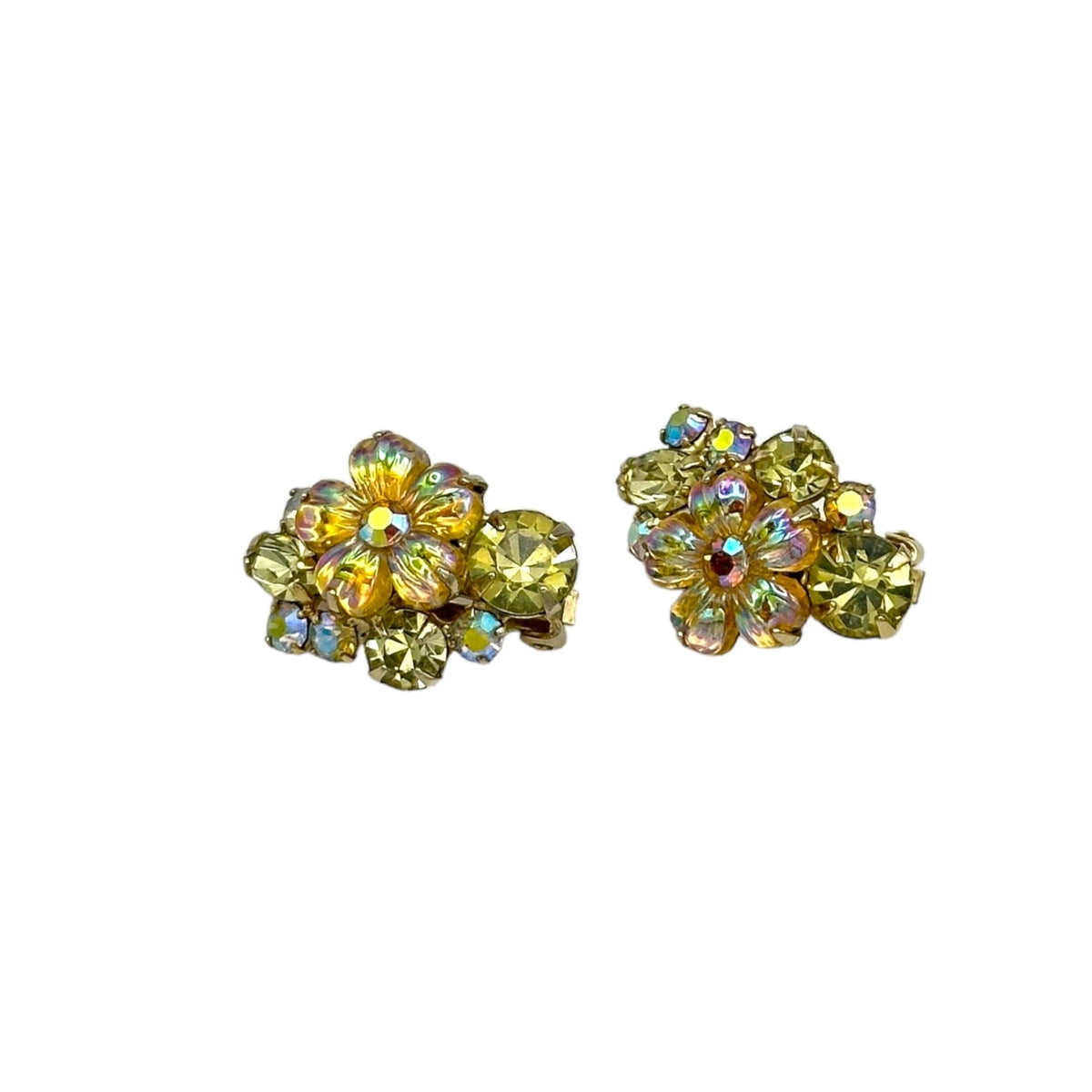 Yellow Flower Rhinestone Floral Cluster Vintage Clip - On Earrings - 24 Wishes Vintage Jewelry