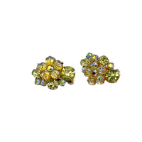 Yellow Flower Rhinestone Floral Cluster Vintage Clip - On Earrings - 24 Wishes Vintage Jewelry