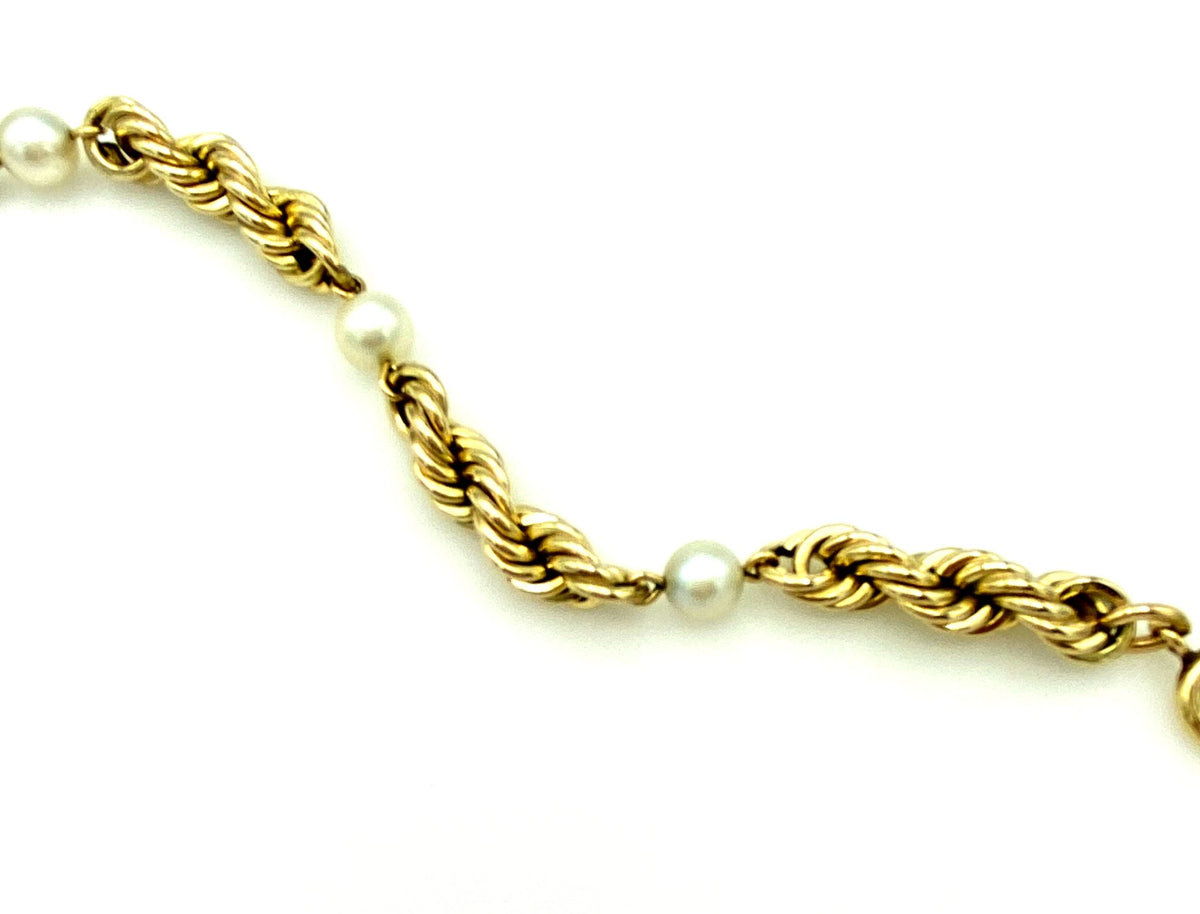 12K Gold Filled Rope Chain & Pearl Layering Bracelet - 24 Wishes Vintage Jewelry