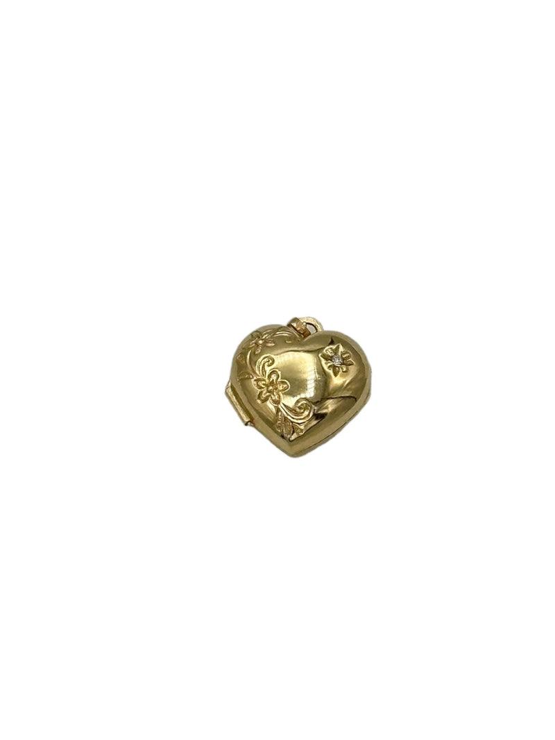 14K Yellow Gold Puffy Heart with Diamond Locket Vintage Pendant - 24 Wishes Vintage Jewelry
