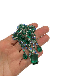 Art Deco Style Emerald Green & Blue Rhinestone Dangle Brooch - 24 Wishes Vintage Jewelry