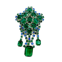 Art Deco Style Emerald Green & Blue Rhinestone Dangle Brooch - 24 Wishes Vintage Jewelry