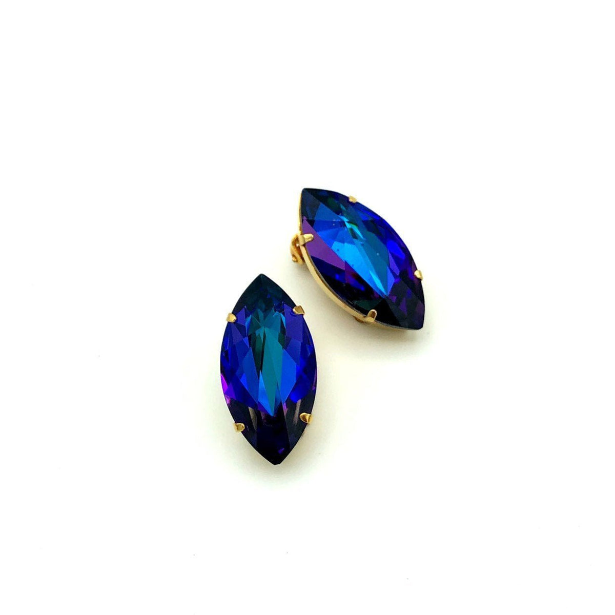 Austria Blue Rivoli Marquise Rhinestone Vintage Clip-On Earrings - 24 Wishes Vintage Jewelry