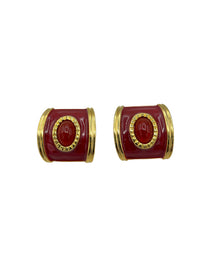 Avon Gold Red Enamel Cabochon Clip-On Earrings - 24 Wishes Vintage Jewelry