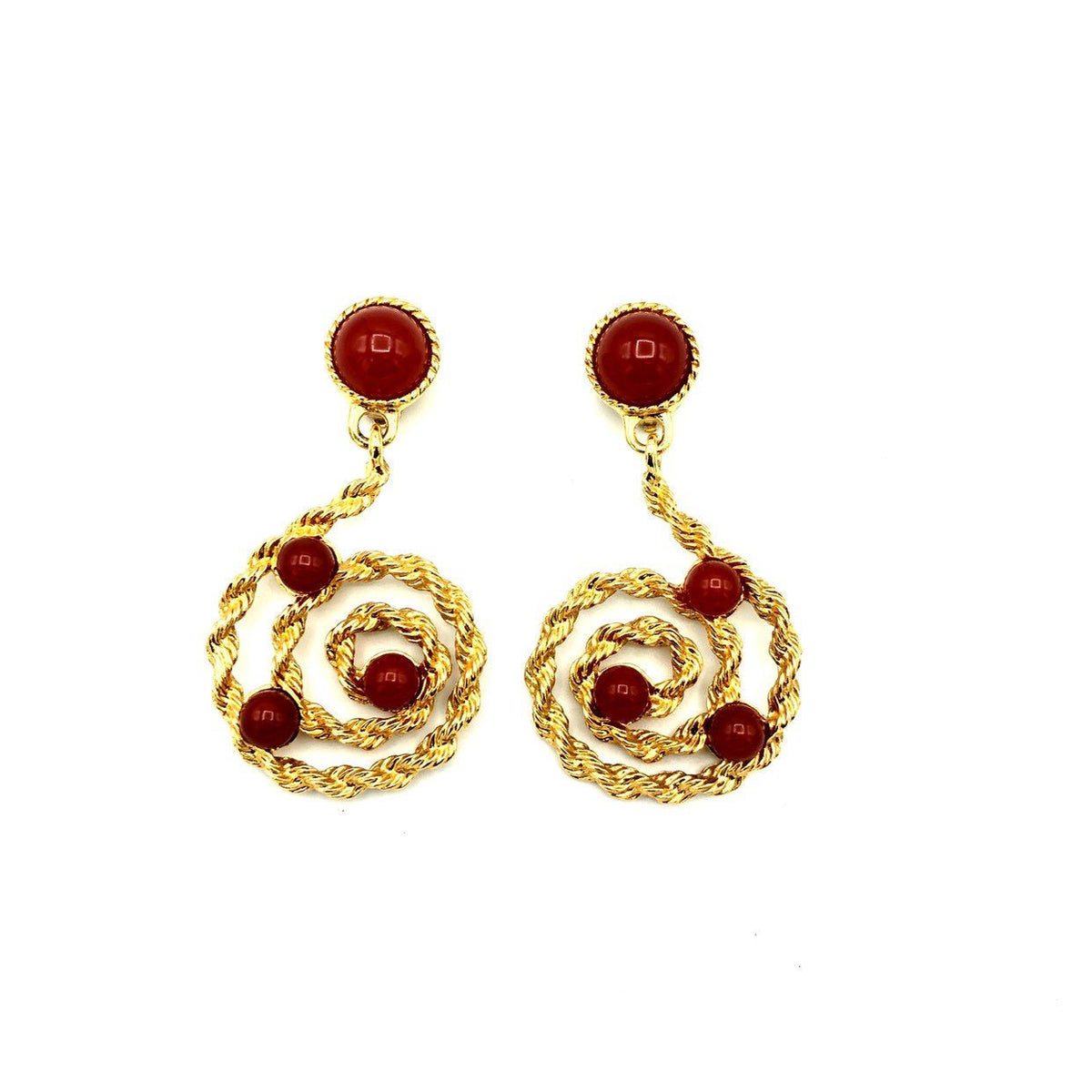 Avon Gold Scroll Carnelian Cabochons Dangle Vintage Clip-On Earrings - 24 Wishes Vintage Jewelry