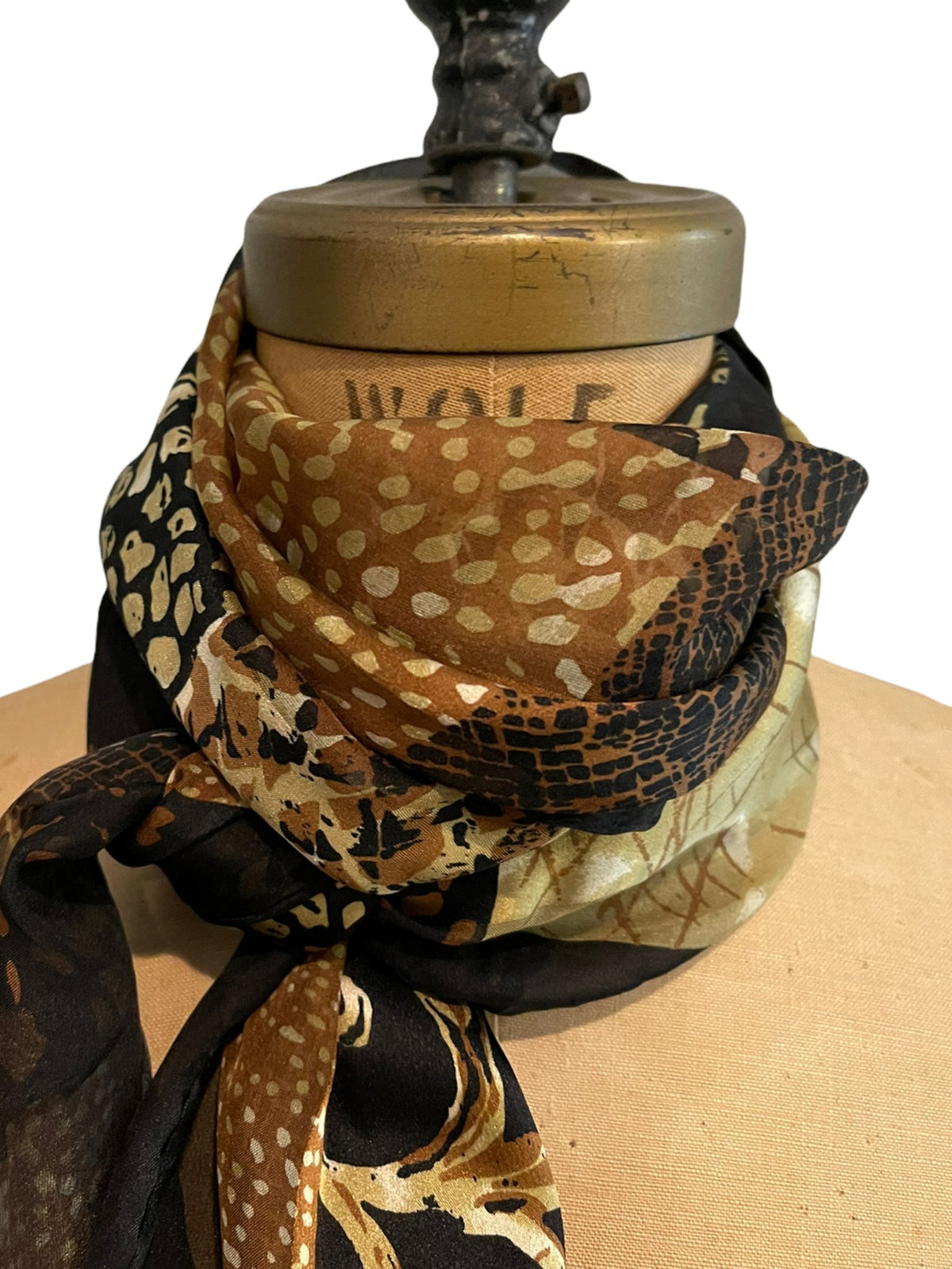 Bill Blass Black & Brown Animal Print Vintage Silk Scarf - 24 Wishes Vintage Jewelry