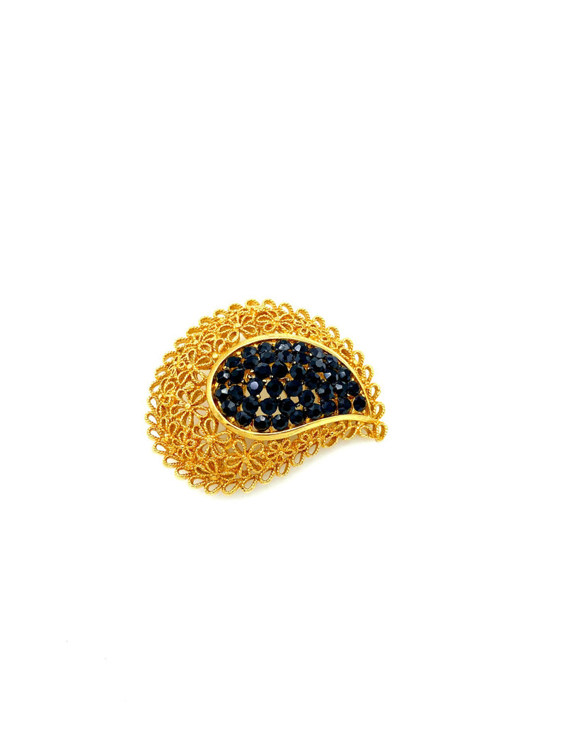 Black Rhinestone Paisley Floral Gold Filigree by Karu Arke - 24 Wishes Vintage Jewelry