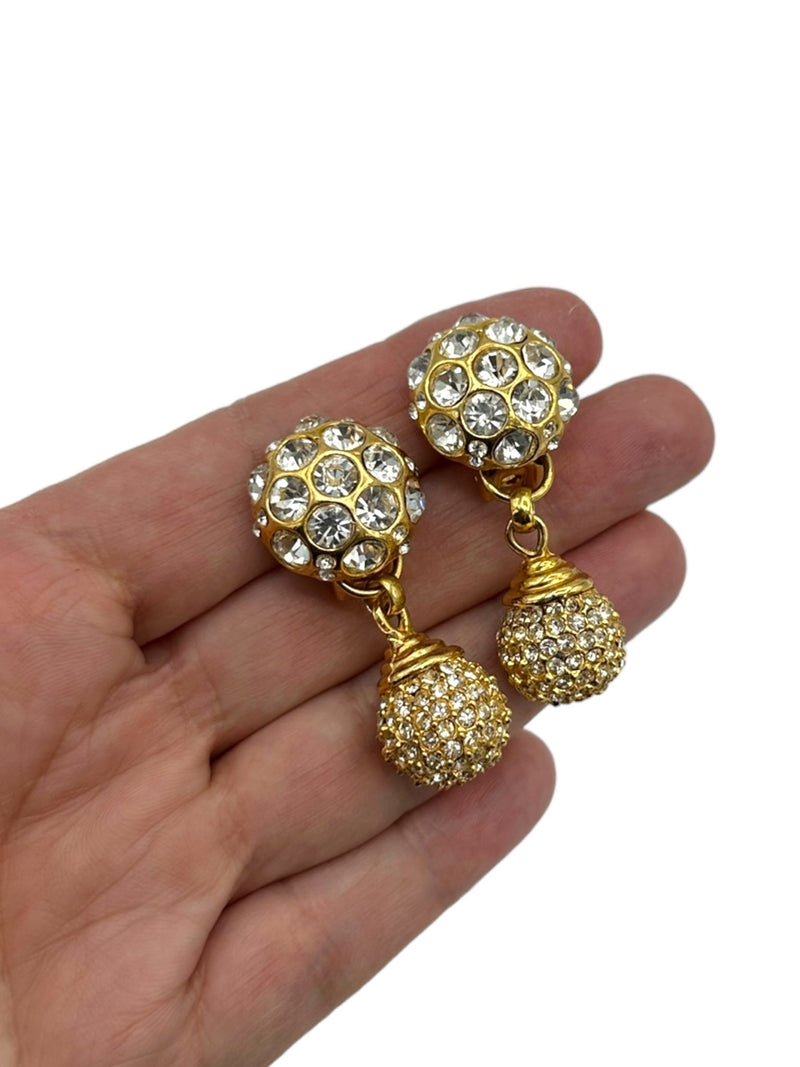 Blanca Gold Rhinestone Disco Ball Dangle Vintage Statement Clip-On Earrings - 24 Wishes Vintage Jewelry