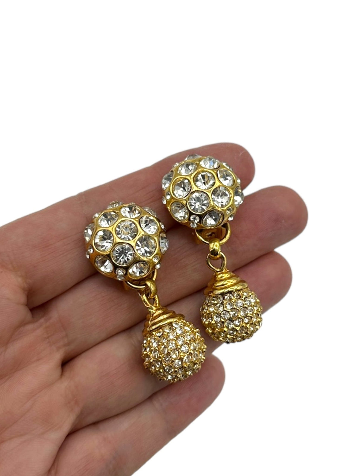 Blanca Gold Rhinestone Disco Ball Dangle Vintage Statement Clip-On Earrings - 24 Wishes Vintage Jewelry