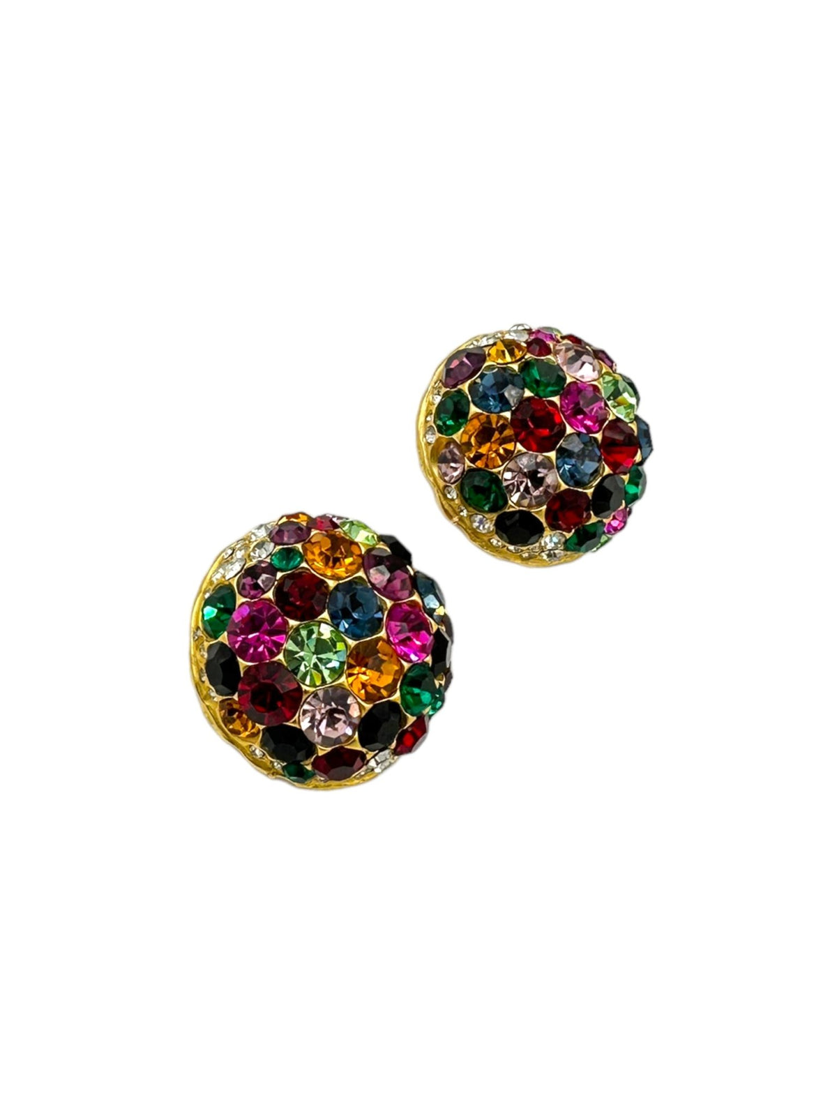 Blanca Gold Round Multi-Color Rhinestone Vintage Statement Clip-On Earrings - 24 Wishes Vintage Jewelry