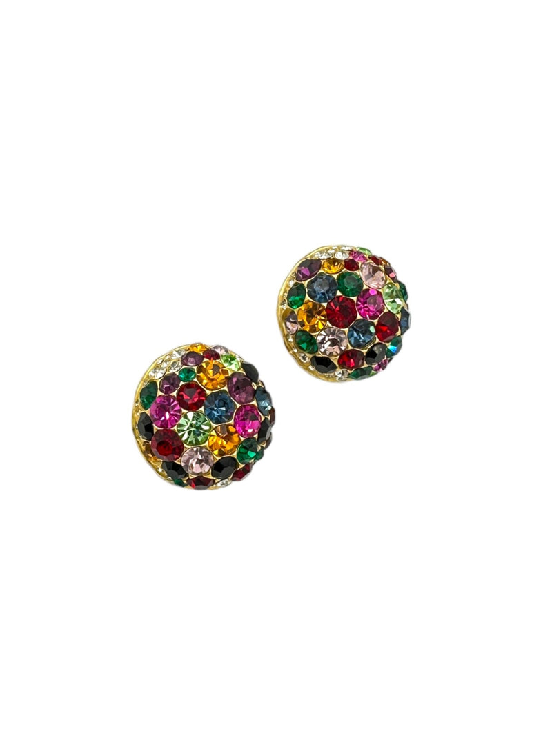 Blanca Gold Round Multi-Color Rhinestone Vintage Statement Clip-On Earrings - 24 Wishes Vintage Jewelry