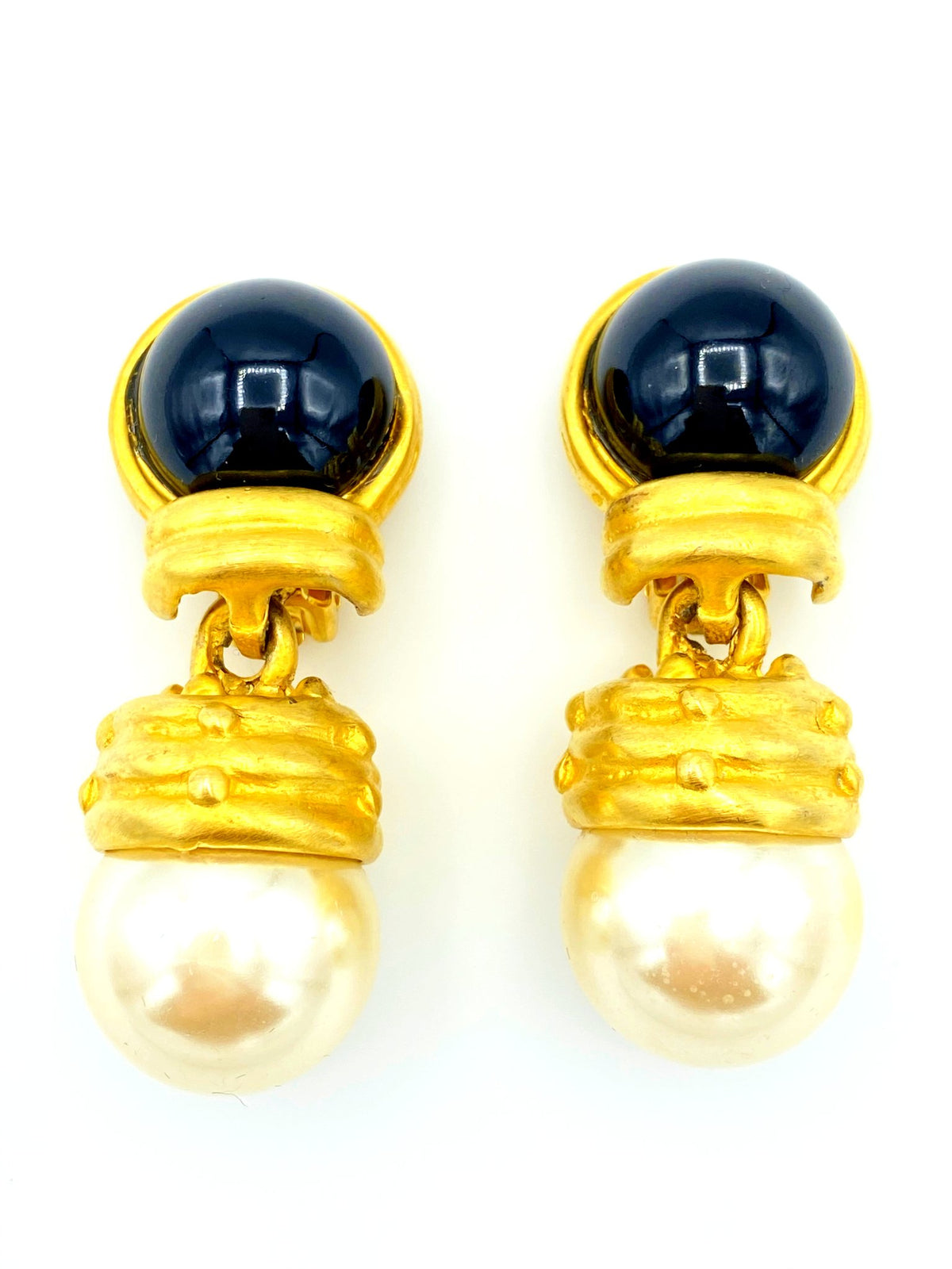 Blanca Matt Gold Pearl Dangle Vintage Statement Clip-On Earrings - 24 Wishes Vintage Jewelry