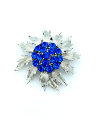 Bright Blue Rhinestone Flower Vintage Silver Brooch - 24 Wishes Vintage Jewelry