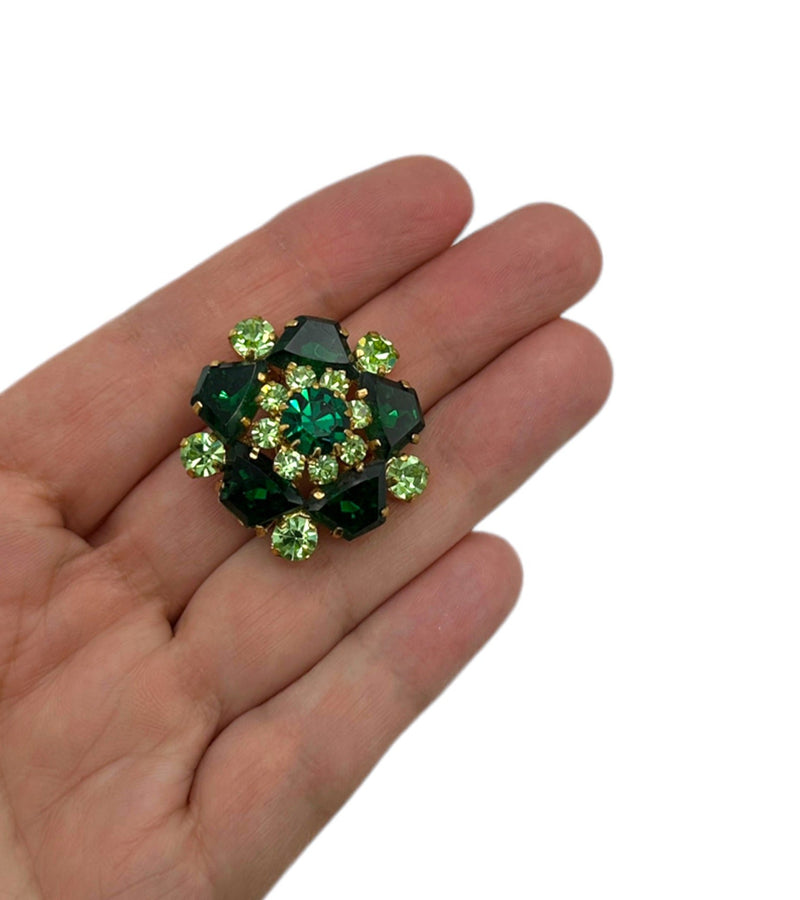 Bright Green Uranium Rhinestone Layered Flower Vintage Brooch - 24 Wishes Vintage Jewelry
