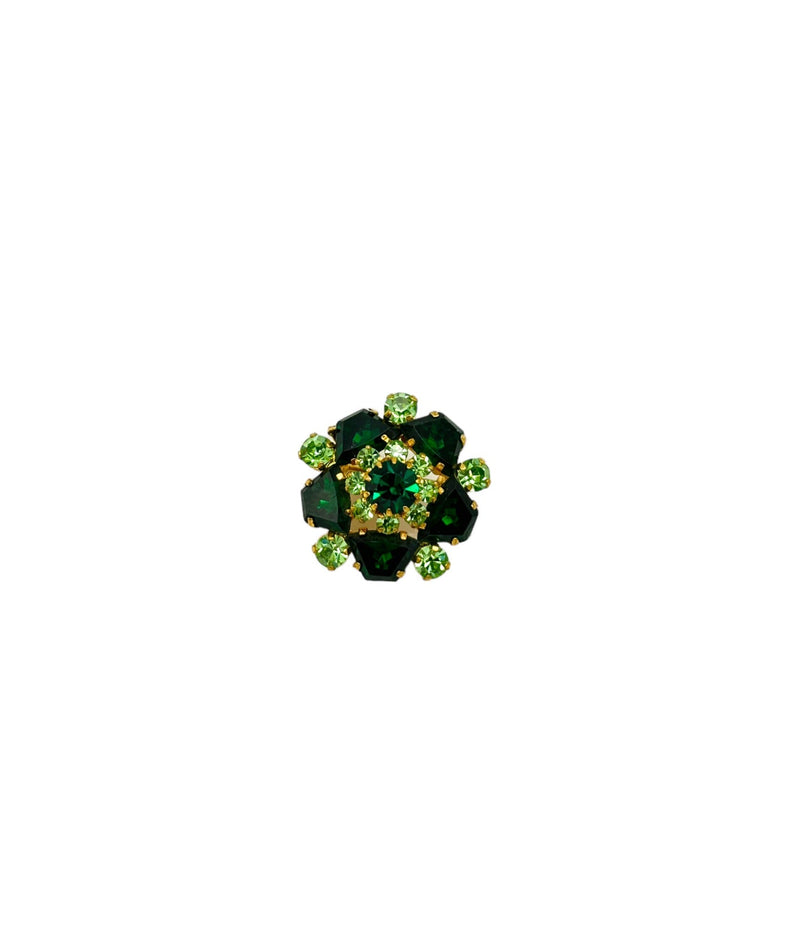 Bright Green Uranium Rhinestone Layered Flower Vintage Brooch - 24 Wishes Vintage Jewelry