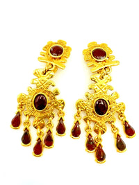 Brown Byzantine Teardrop Dangle Clip-On Vintage Gold Earrings - 24 Wishes Vintage Jewelry