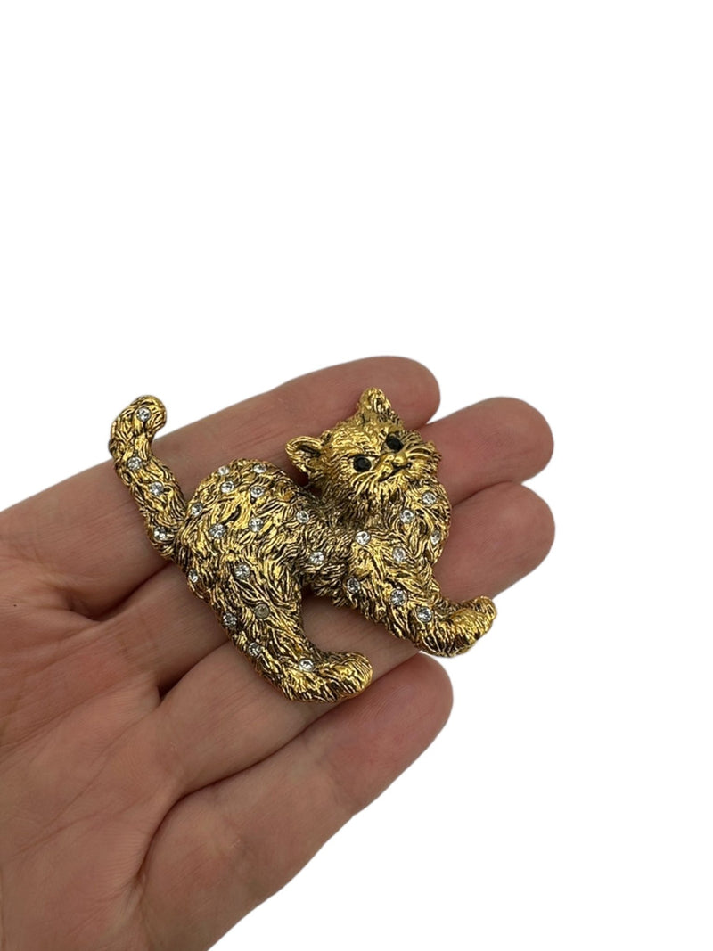Butler Gold Textured Rhinestone Cat Brooch Pin - 24 Wishes Vintage Jewelry