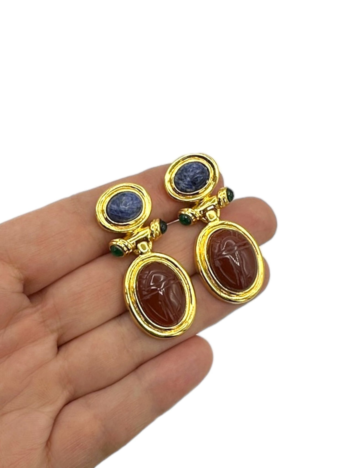 Carnelian Sodalite Scarab Cabachon Egyptian Revival Dangle Drop Gold Clip-on Earrings - 24 Wishes Vintage Jewelry