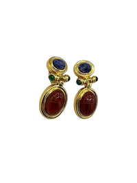 Carnelian Sodalite Scarab Cabachon Egyptian Revival Dangle Drop Gold Clip-on Earrings - 24 Wishes Vintage Jewelry