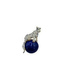 Carole Pave Rhinestone Panther on Enamel Blue Ball Statement Brooch - 24 Wishes Vintage Jewelry