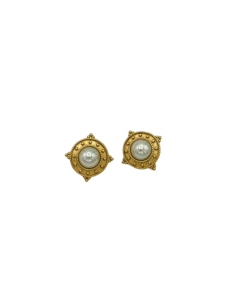 Carolee Vintage Gold Byzantine Pearl Clip-On Statement Earrings - 24 Wishes Vintage Jewelry