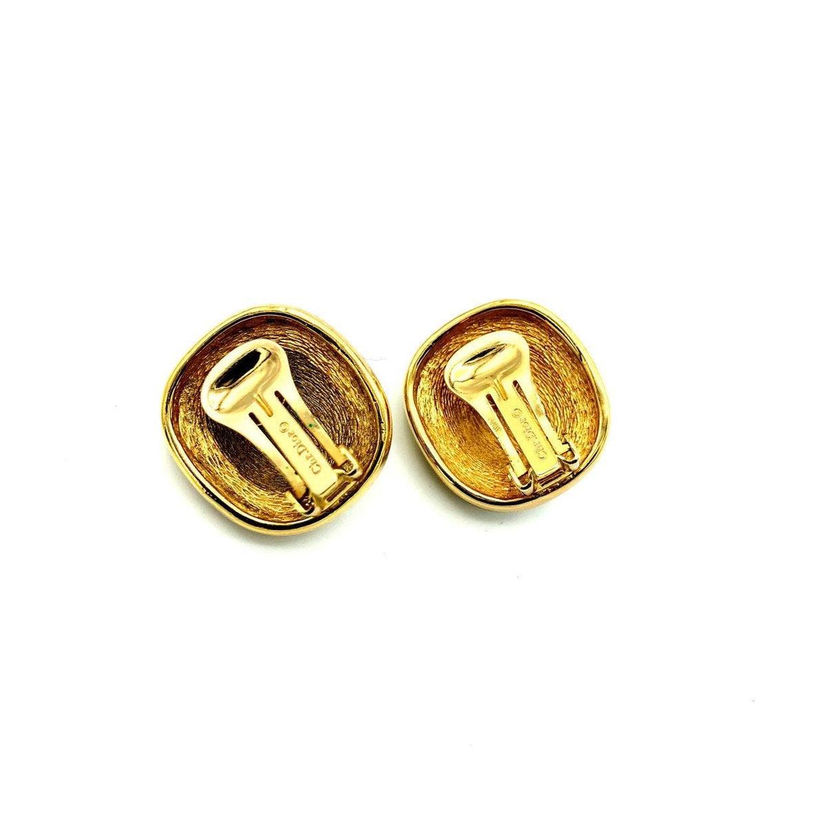Christian Dior Gold Black Enamel Rhinestone Vintage Clip-On Earrings - 24 Wishes Vintage Jewelry