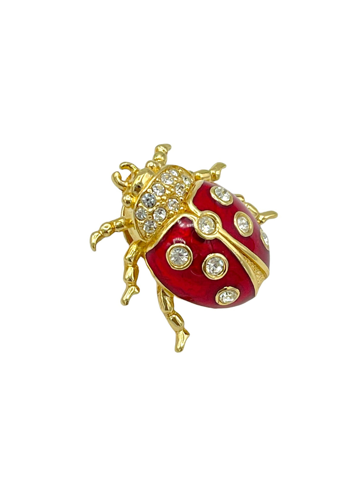 Christian Dior Gold & Red Enamel Ladybug Rhinestone Brooch - 24 Wishes Vintage Jewelry
