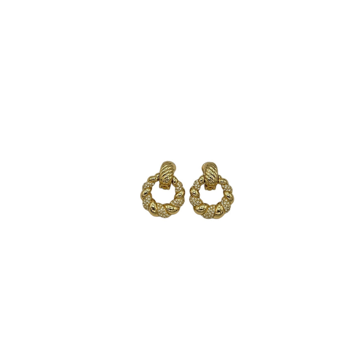 Christian Dior Gold Rhinestone Twisted Door Knocker Clip-On Earrings - 24 Wishes Vintage Jewelry