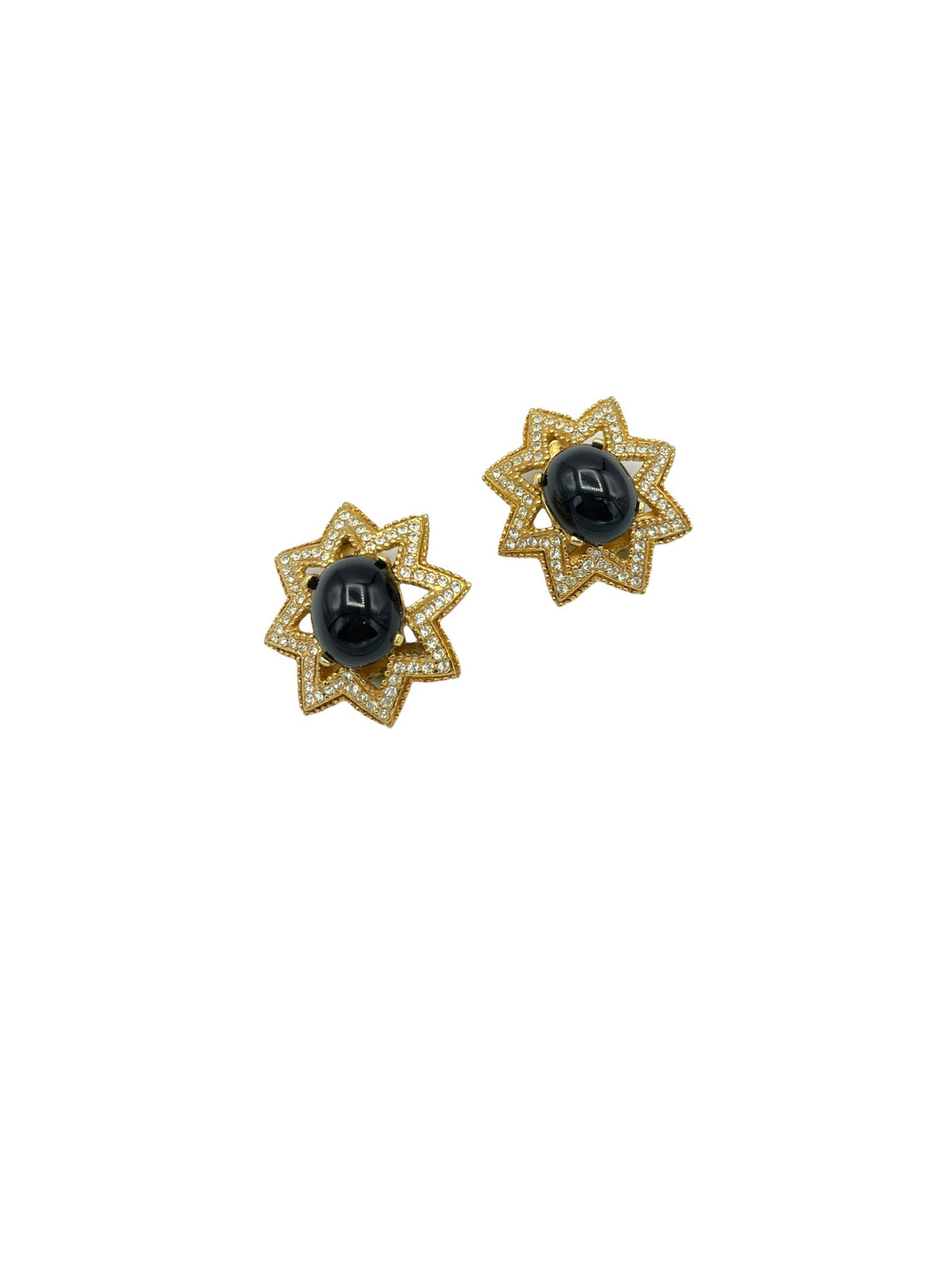 Ciner Gold Black Cabochon Rhinestone Vintage Statement Clip-On Earrings - 24 Wishes Vintage Jewelry