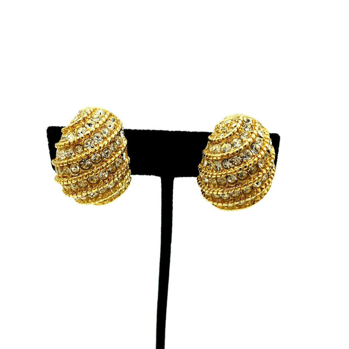 Ciner Gold Half Hoop Rhinestone Vintage Clip-On Earrings - 24 Wishes Vintage Jewelry