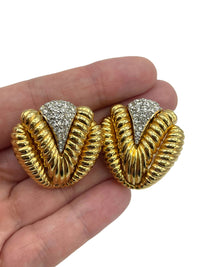 Ciner Gold Rhinestone Vintage Clip-On Earrings - 24 Wishes Vintage Jewelry