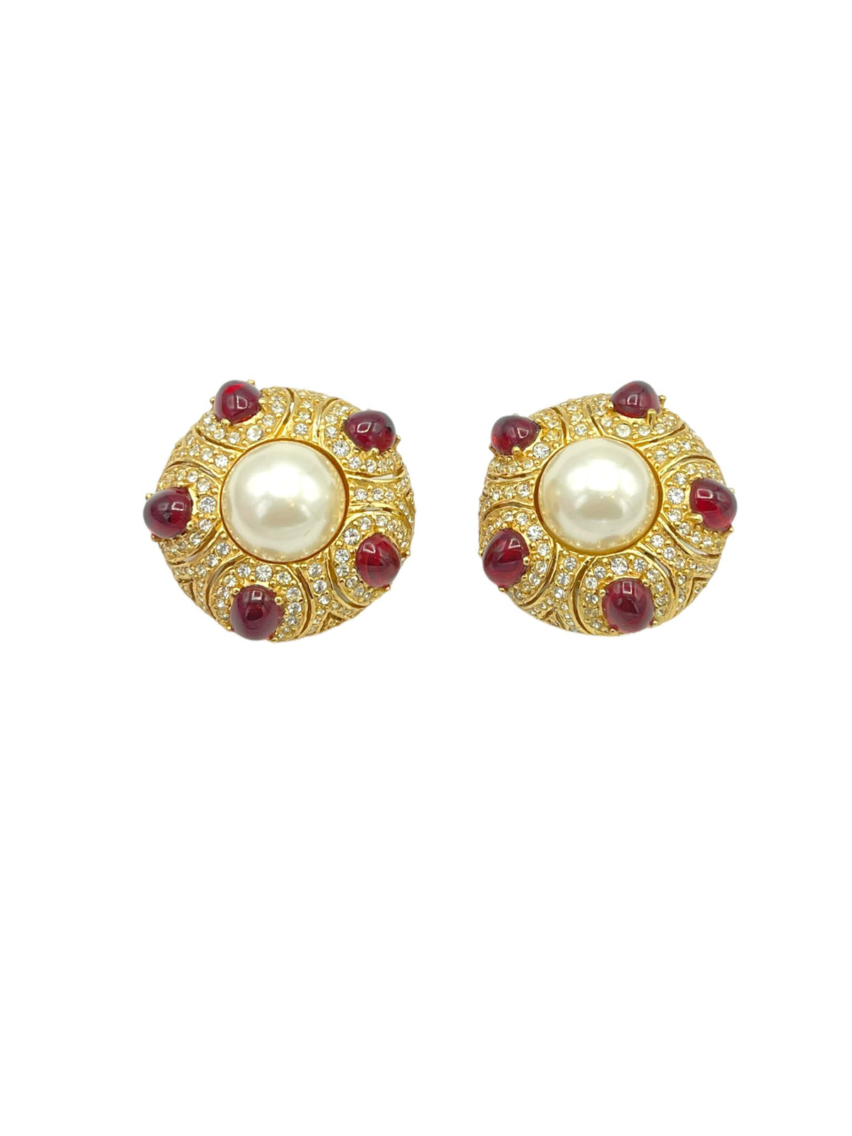 Ciner Gold Ruby Cabochon & Pearl Vintage Clip-On Earrings - 24 Wishes Vintage Jewelry
