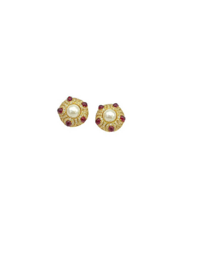 Ciner Gold Ruby Cabochon & Pearl Vintage Clip-On Earrings - 24 Wishes Vintage Jewelry