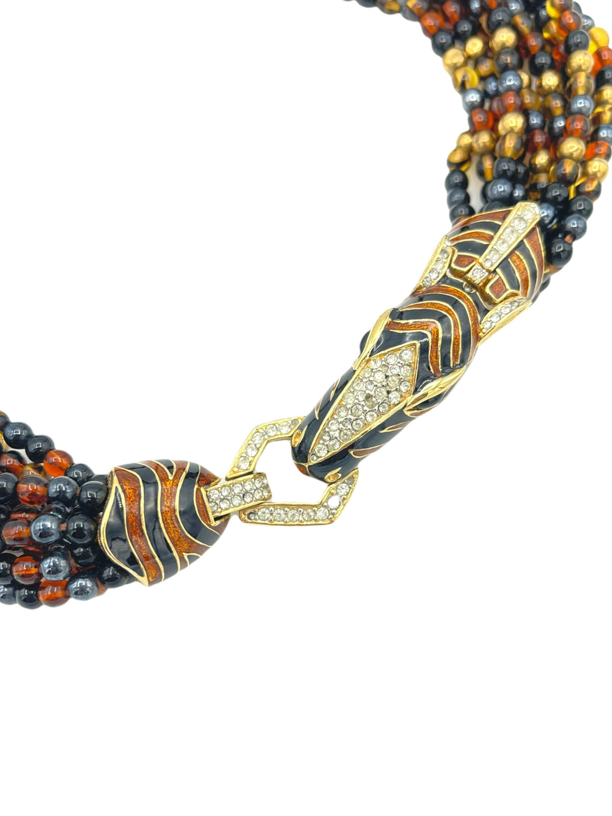 Ciner Multi-strand Brown & Gold Bead Enamel Zebra Pendant - 24 Wishes Vintage Jewelry