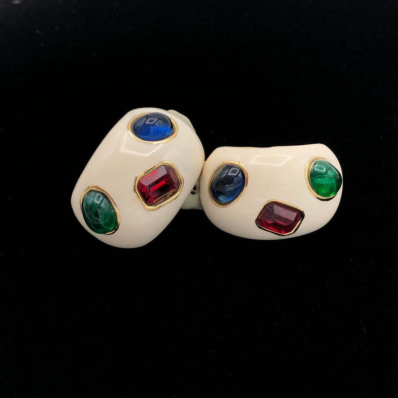Ciner White Enamel Half Hoop Vintage Clip-On Earrings - 24 Wishes Vintage Jewelry